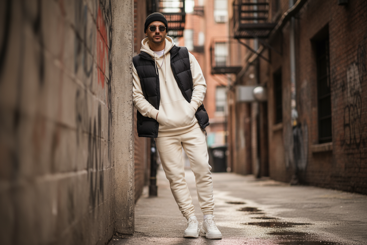 lag et bilde av en mann som bruker en hoodie og sånt!